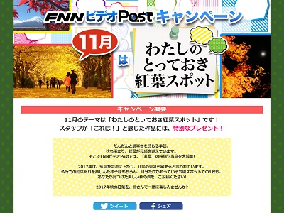 FNNビデオPostキャンペーン 11月のテーマは「わたしのとっておき紅葉スポット」